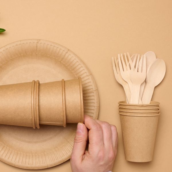 disposable plates, knives, spoons, forks